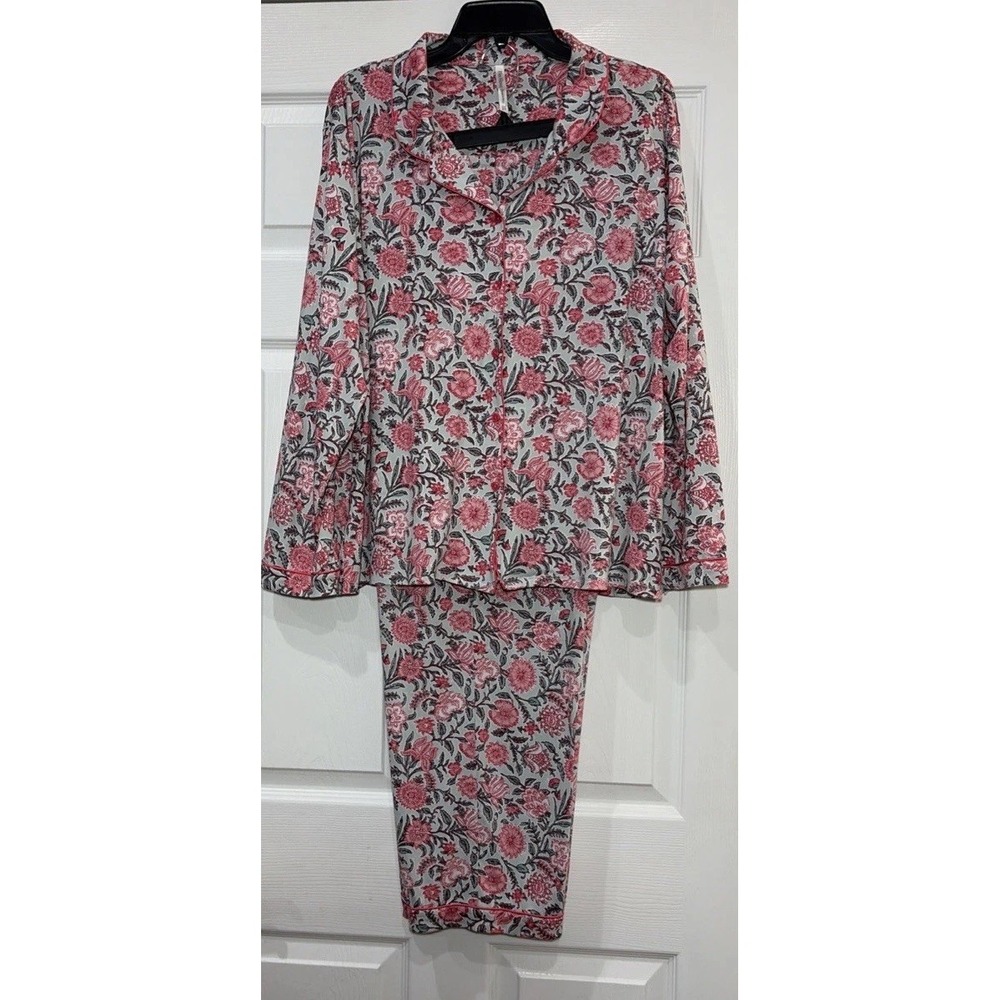 Flora Nikrooz Pajama Set Women XL Pink Green Floral Print Top & Pants Sleepwear - Picture 2 of 15